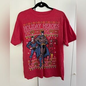 Justice league “ugly sweater” holiday tshirt. Batman, Superman, the flash